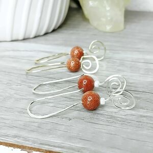 Hammered Goldstone Beaded Dangle Earrings, Gold or Silver, 1.5"